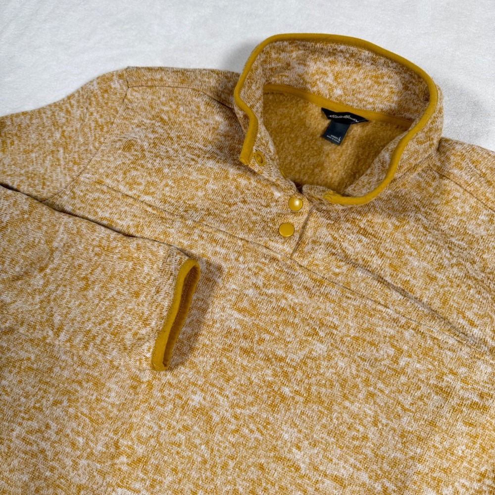Eddie Bauer Womens Sweater Fleece Pullover Mustard Yellow Snap Neck Large L‎